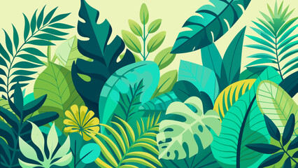 Vibrant tropical jungle foliage with lush green and teal leaves and yellow flower
