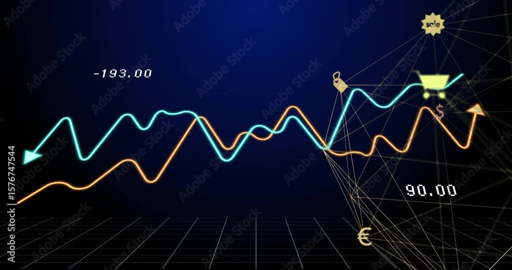 Poster wavy lines moving from left updating data entering network cart currency icons visualizing trends