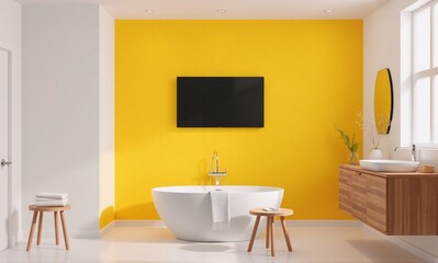Modern bathroom with yellow accent wall, white bathtub, wooden stool, and sleek sink.
