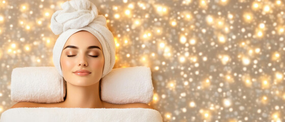 Calm and soft glowing image of woman with towel wrapped on her head relaxing with closed eyes and peaceful expression
