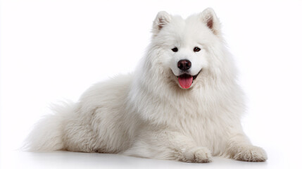 Fototapeta premium Fluffy Samoyed dog rests with a happy expression eps