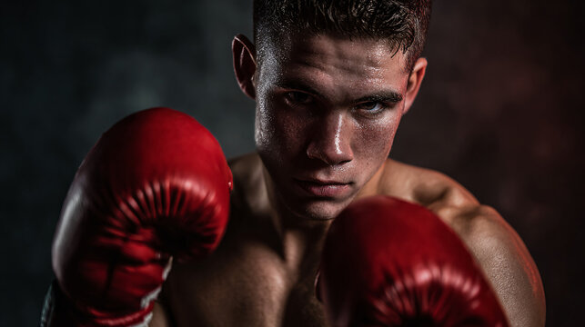 Boxer with red gloves stares intensely forward eps - Powered by Adobe