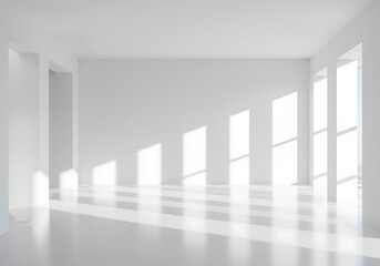 Bright, empty white room with sunlight streaming through the windows, casting shadows on the floor.