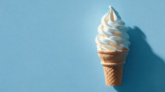 Soft serve ice cream on pastel blue background, glowing light, negative space for text, bright modern