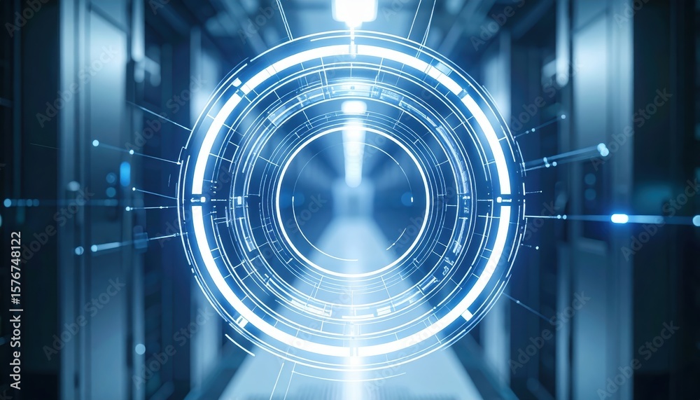 Poster futuristic digital interface with holographic circular data display and glowing blue technology elem