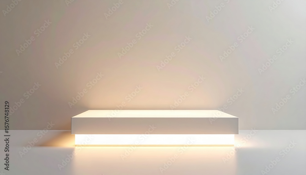 Poster minimalist illuminated rectangular platform with soft glowing light on plain neutral background perf