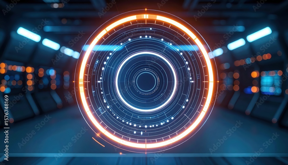 Poster futuristic glowing digital interface with concentric circles and data points in a high-tech control 