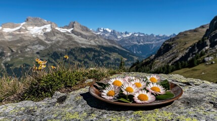Alpine flowers on a rustic plate, mountain vista