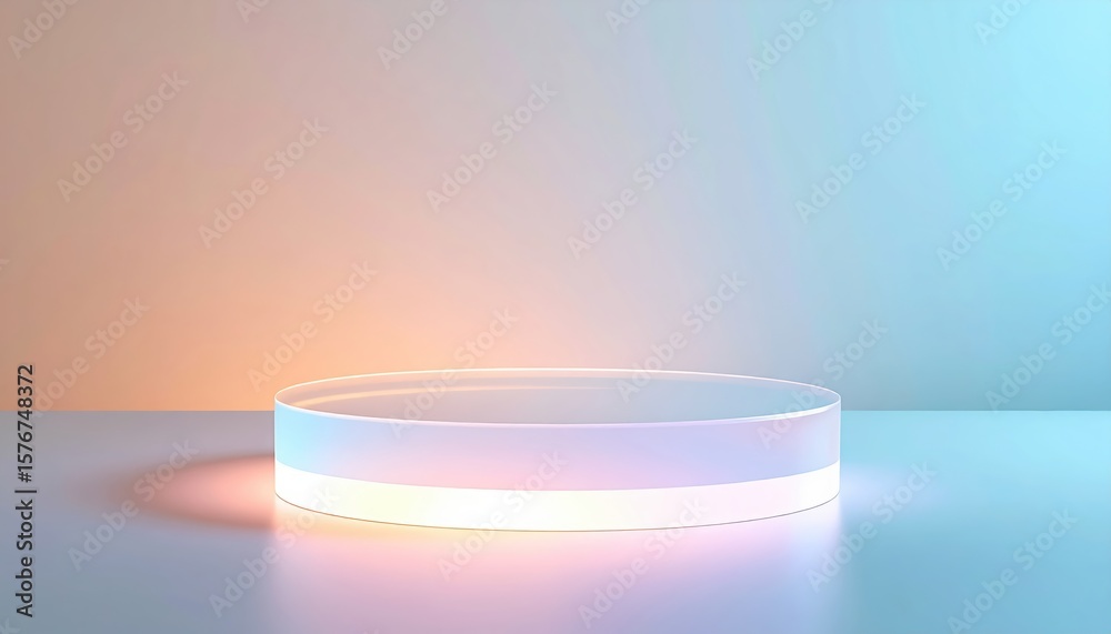 Poster minimalist circular platform with soft color gradient background and subtle lighting for product dis