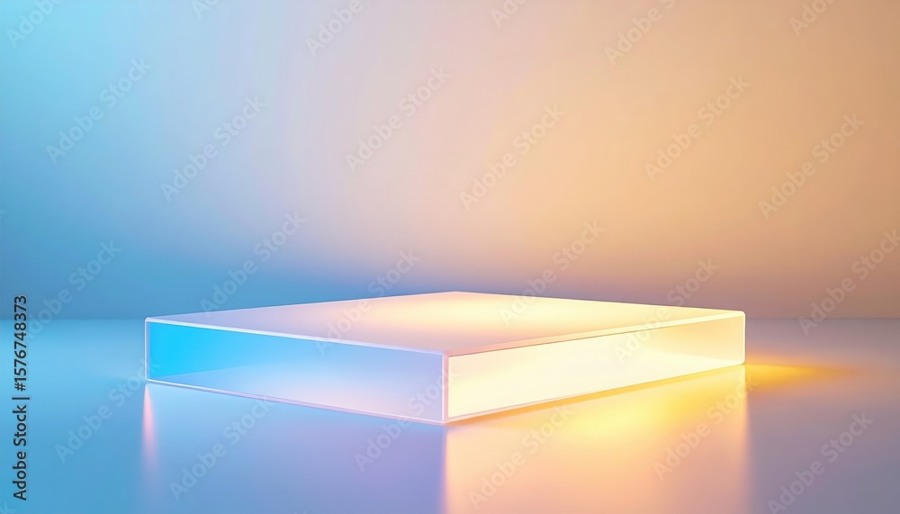 Poster minimalist illuminated rectangular platform with soft glowing light on pastel gradient background fo