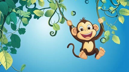 A Cheerful Monkey Swings From a Vine Underneath Green Leaves