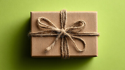 Wrapped gift box with rustic twine bow on green eps