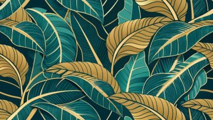 Gardinen Pflanzen Muster  Elegant seamless pattern of tropical banana leaves in teal and gold  © Morjina