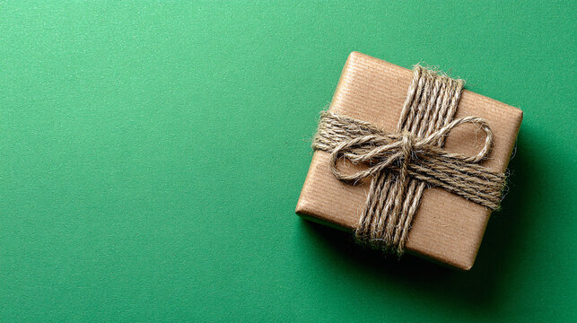 Wrapped gift box with twine on green background eps