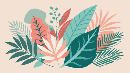 Tropical leaves and plants in a flat design style with pastel colors