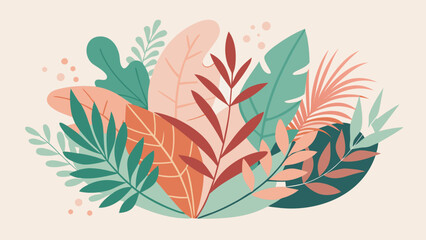 Vibrant tropical leaves in a flat design style with a soft background