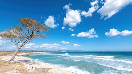 A stunning coastal scene featuring a lonely tree by the shore, waves crashing, and a vibrant blue sky with fluffy clouds.