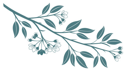 Stylized teal branch with leaves and blooming cherry blossoms on white background