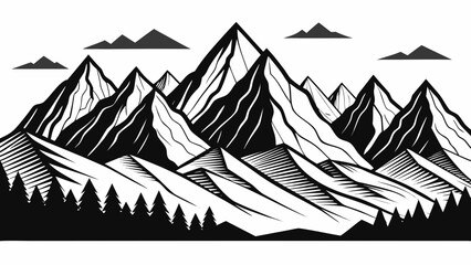 Fototapeta premium Stylized black and white mountain range with clouds and forest silhouette