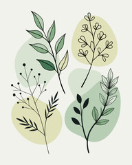 Abstract botanical illustration with delicate branches and leaves on pastel background