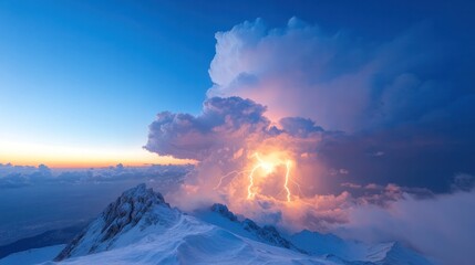 A stunning view of mountains under a dramatic sunset, showcasing vibrant clouds illuminated by lightning and atmospheric beauty.