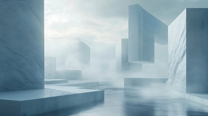 Obraz premium Abstract icy landscape with towering structures shrouded in mist. The scene is bathed in cool, pale blue hues, creating an ethereal atmosphere.