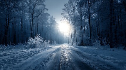 Obraz premium Snowy Road Leading Through a Winter Forest Bathed in Bright Sunlight Serene