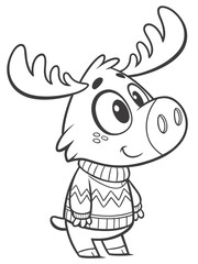 A friendly cartoon moose wearing a cozy sweater. Black-and-white drawing with simple details for young children
