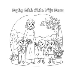 Fototapeta premium Vietnamese teacher appreciation day with students and flowers isolated on transparent background