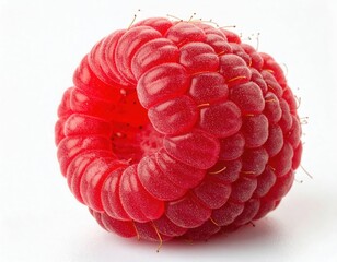 Single ripe red raspberry close up detailed view of its texture and color against a white background