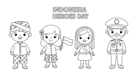Indonesian heroes day cartoon characters in traditional and military attire isolated on transparent background