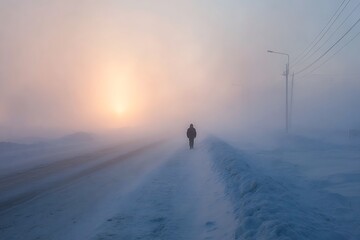 Solitary Figure Walking Through a Snowy Landscape During a Misty Sunrise, Arctic Scenery