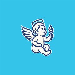 Angel baby holding torch silhouette vector logo in classic style, generative ai