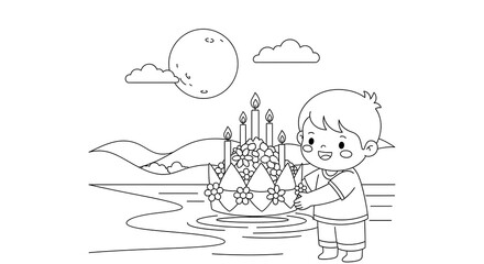 Cute cartoon boy holding a traditional thai loy krathong festival offering isolated on transparent background