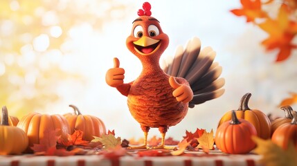 A cheerful cartoon turkey gives a thumbs up during autumn season
