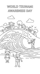 Obraz premium World tsunami awareness day illustration with children and houses isolated on transparent background