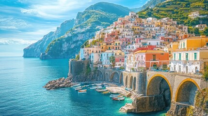 Stunning coastal view of a picturesque village nestled between cliffs, with vibrant homes and tranquil turquoise waters.