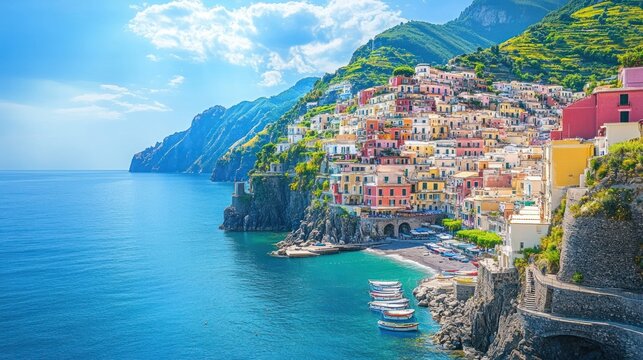 Stunning coastal view of colorful cliffside houses overlooking the serene blue sea, perfect for a dreamy vacation destination.