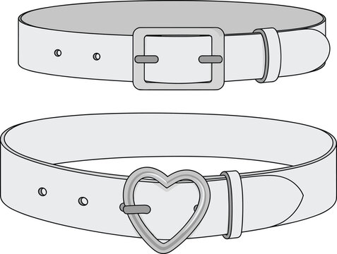 Fashion belt flat sketch with metal buckle and heart buckle, technical CAD accessory drawing, unisex waist belt, vector illustration