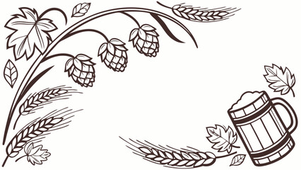 Decorative corner design with hops barley and a beer mug in outline style