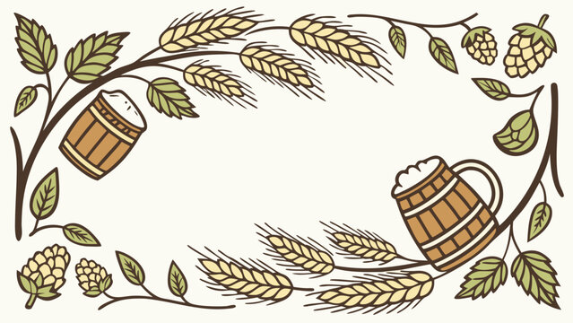 Decorative frame with beer mugs hops and wheat ears in a hand drawn style