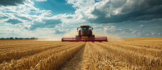 Obraz premium A combine harvester is harvesting a field of golden wheat under a partly cloudy sky.