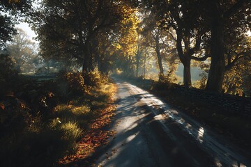 Obraz premium Sunlit Road Through Autumn Trees with Fallen Leaves and Stone Wall on the Side