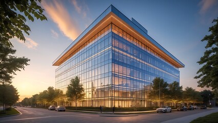 Obraz premium Modern Glass Office Building Exterior at Dusk with Trees and Cars