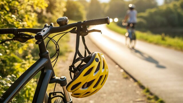 Bicycle handlebars with yellow helmet and cyclist in background - Powered by Adobe