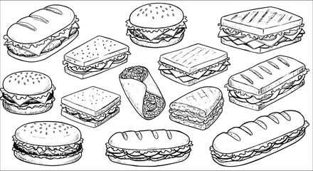 Detailed black and white line art collection featuring various fast food items: burgers, subs, wraps, grilled cheese, and classic sandwiches, ideal for menus or coloring.