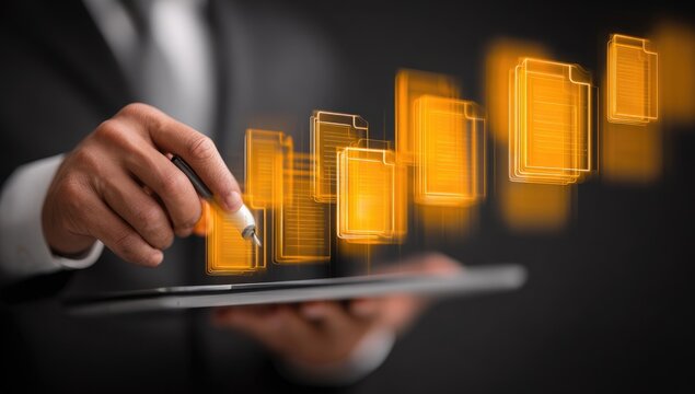 Businessperson interacts with digital folder icons on tablet - Powered by Adobe