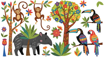 Colorful Tropical Animals and Plants Illustration.