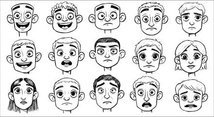 Collection of 15 Hand-Drawn Black and White Cartoon Faces Illustrating Various Emotions and Expressions