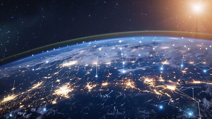 Obraz premium Earth at night showcasing bright city lights across its surface, intertwined with a complex cyber network representing global digital connections. A visual blend of planetary beauty and technological 